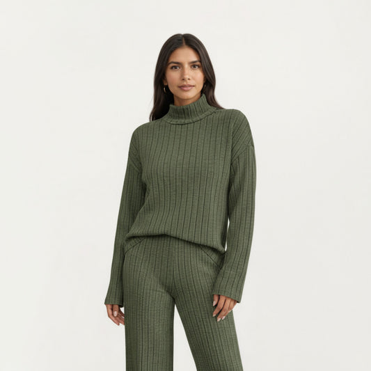 Ribbed Knit Relaxed Fit 2-Piece Set with High Neck Top Soft Stretch Fabric and Wide Leg Pants