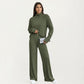 Ribbed Knit Relaxed Fit 2-Piece Set with High Neck Top Soft Stretch Fabric and Wide Leg Pants
