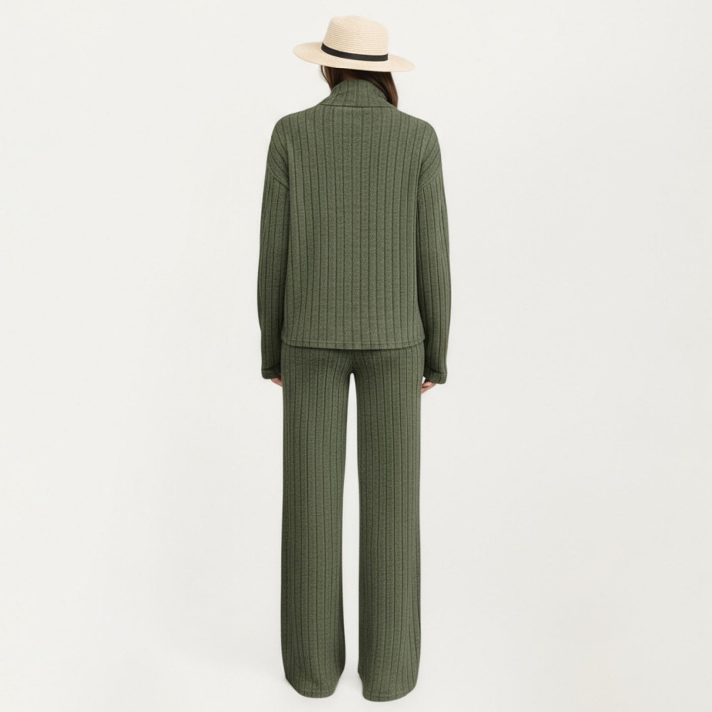 Ribbed Knit Relaxed Fit 2-Piece Set with High Neck Top Soft Stretch Fabric and Wide Leg Pants