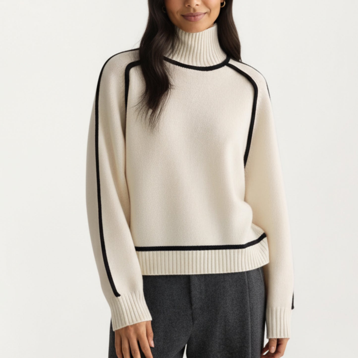 Turtleneck Pullover Top with Contrast Trim Details and Ribbed Hemline for a Clean Modern Silhouette