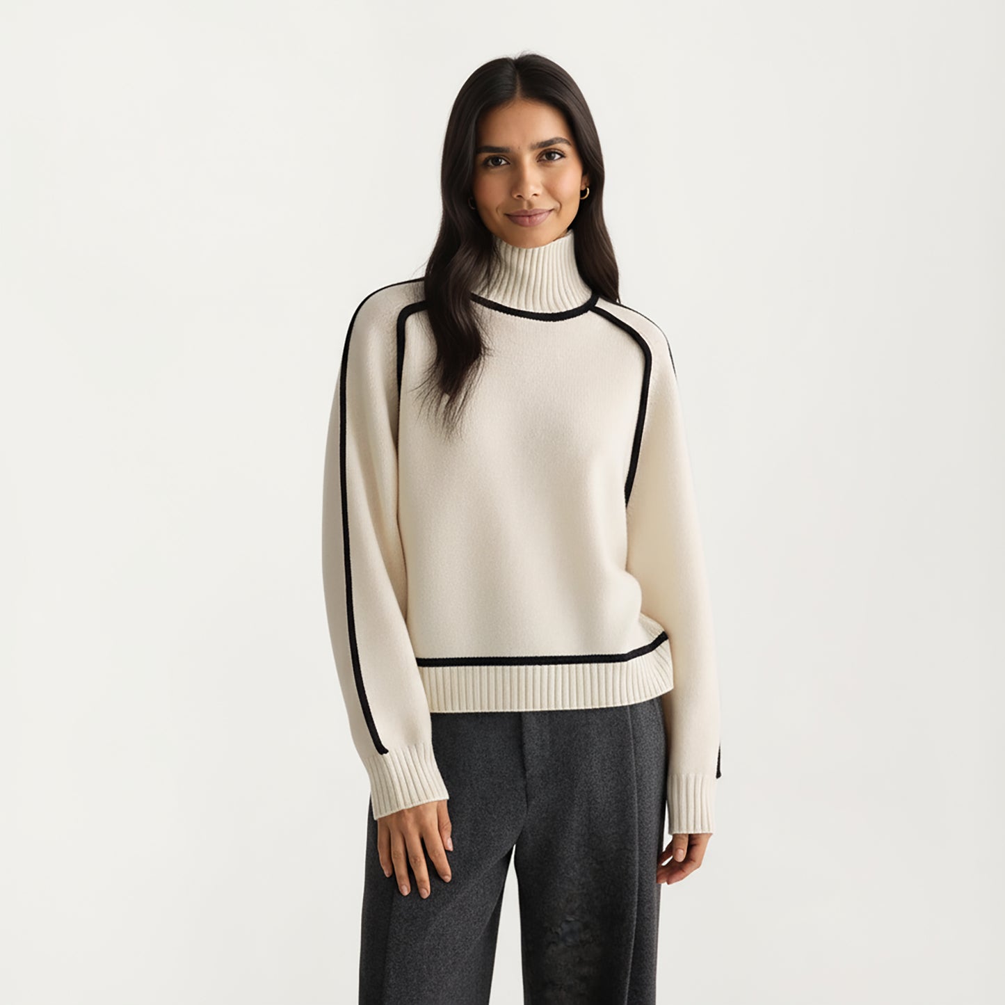 Turtleneck Pullover Top with Contrast Trim Details and Ribbed Hemline for a Clean Modern Silhouette