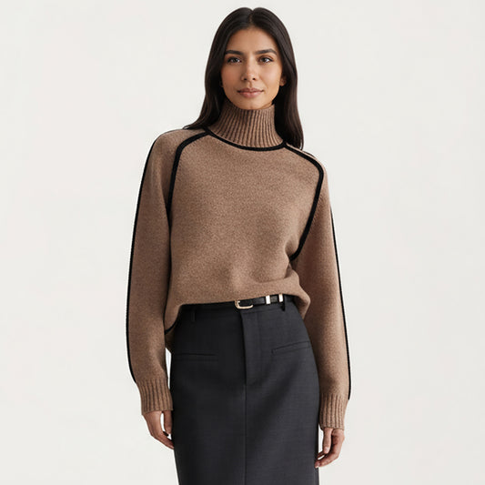 Turtleneck Pullover Top with Contrast Trim Details and Ribbed Hemline for a Clean Modern Silhouette