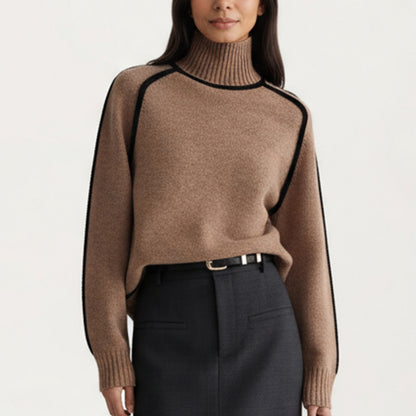 Turtleneck Pullover Top with Contrast Trim Details and Ribbed Hemline for a Clean Modern Silhouette