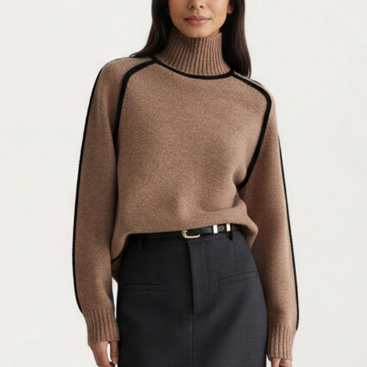 Turtleneck Pullover Top with Contrast Trim Details and Ribbed Hemline for a Clean Modern Silhouette