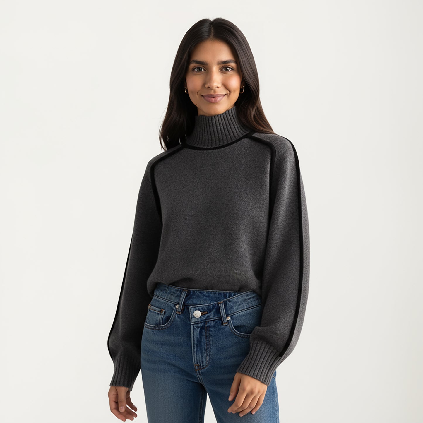 Turtleneck Pullover Top with Contrast Trim Details and Ribbed Hemline for a Clean Modern Silhouette