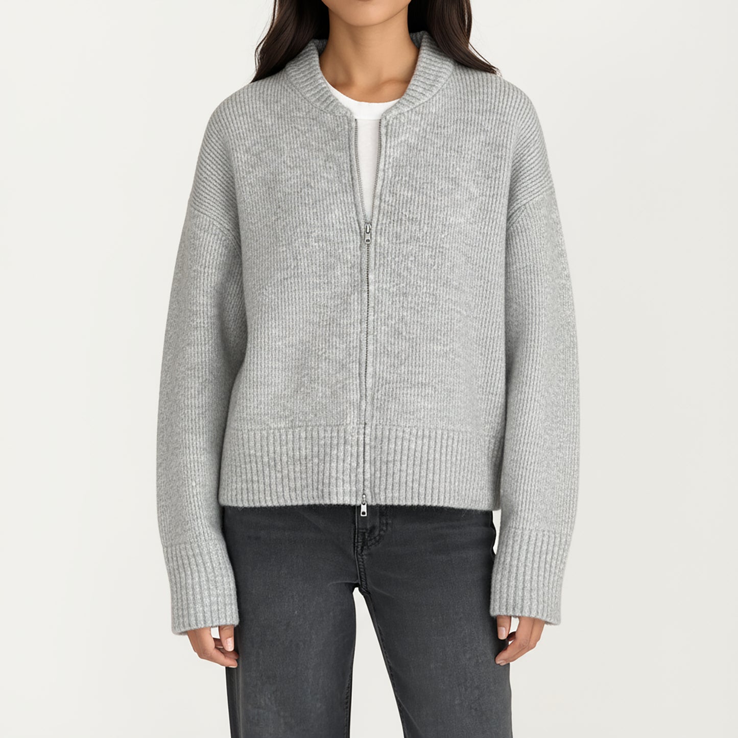 Zip Front Rib Knit Pullover Top with Structured Cuffs and Textured Hem for a Clean Modern Finish