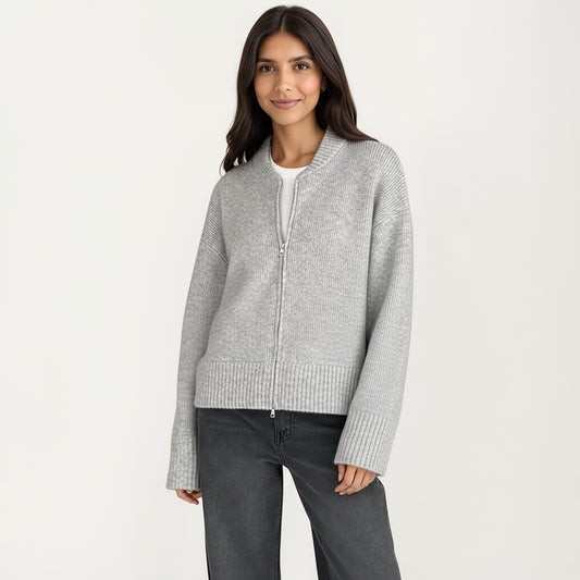 Zip Front Rib Knit Pullover Top with Structured Cuffs and Textured Hem for a Clean Modern Finish