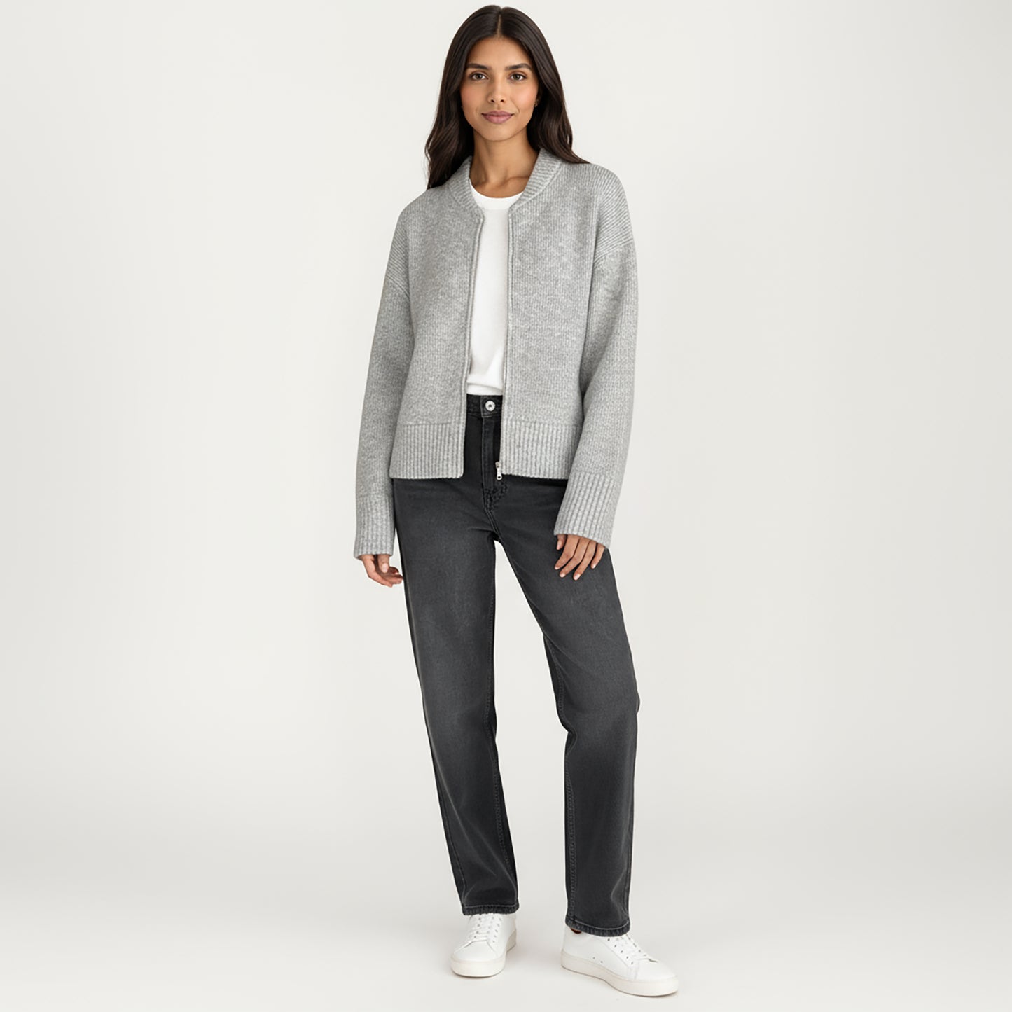 Zip Front Rib Knit Pullover Top with Structured Cuffs and Textured Hem for a Clean Modern Finish