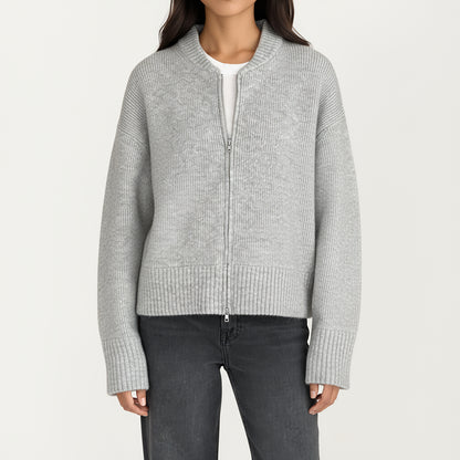 Zip Front Rib Knit Pullover Top with Structured Cuffs and Textured Hem for a Clean Modern Finish
