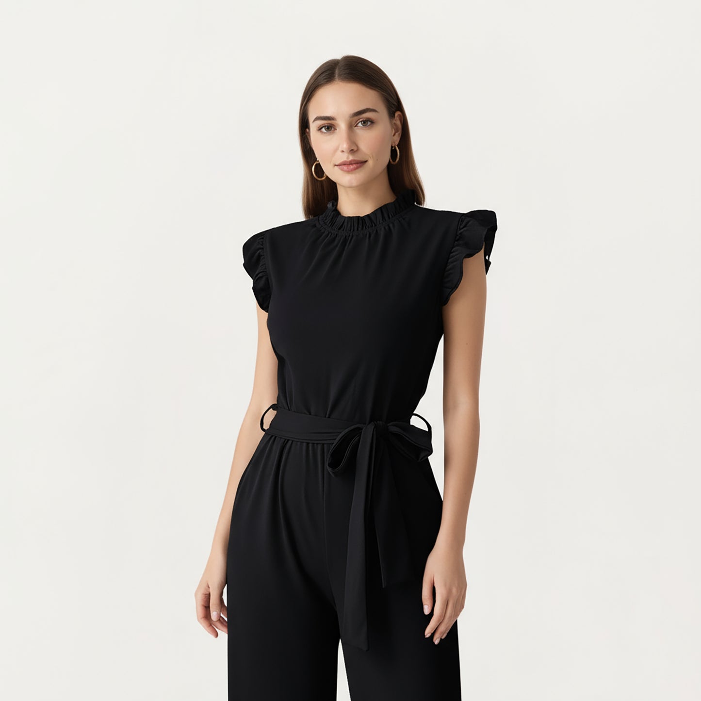Ruffle Neck Sleeveless Wide Leg Jumpsuit with Soft Draped Waist Tie and Relaxed Flowing Silhouette