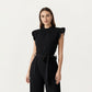 Ruffle Neck Sleeveless Wide Leg Jumpsuit with Soft Draped Waist Tie and Relaxed Flowing Silhouette