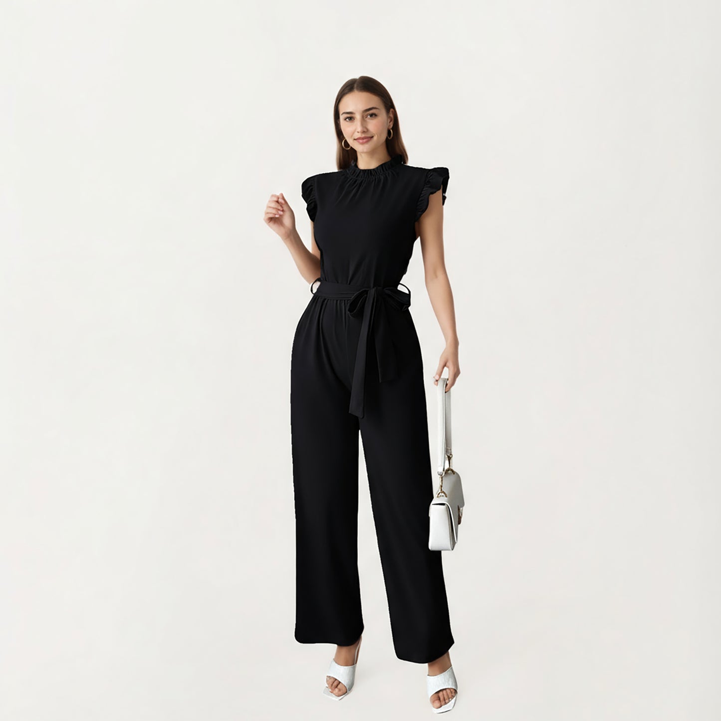 Ruffle Neck Sleeveless Wide Leg Jumpsuit with Soft Draped Waist Tie and Relaxed Flowing Silhouette