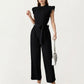 Ruffle Neck Sleeveless Wide Leg Jumpsuit with Soft Draped Waist Tie and Relaxed Flowing Silhouette