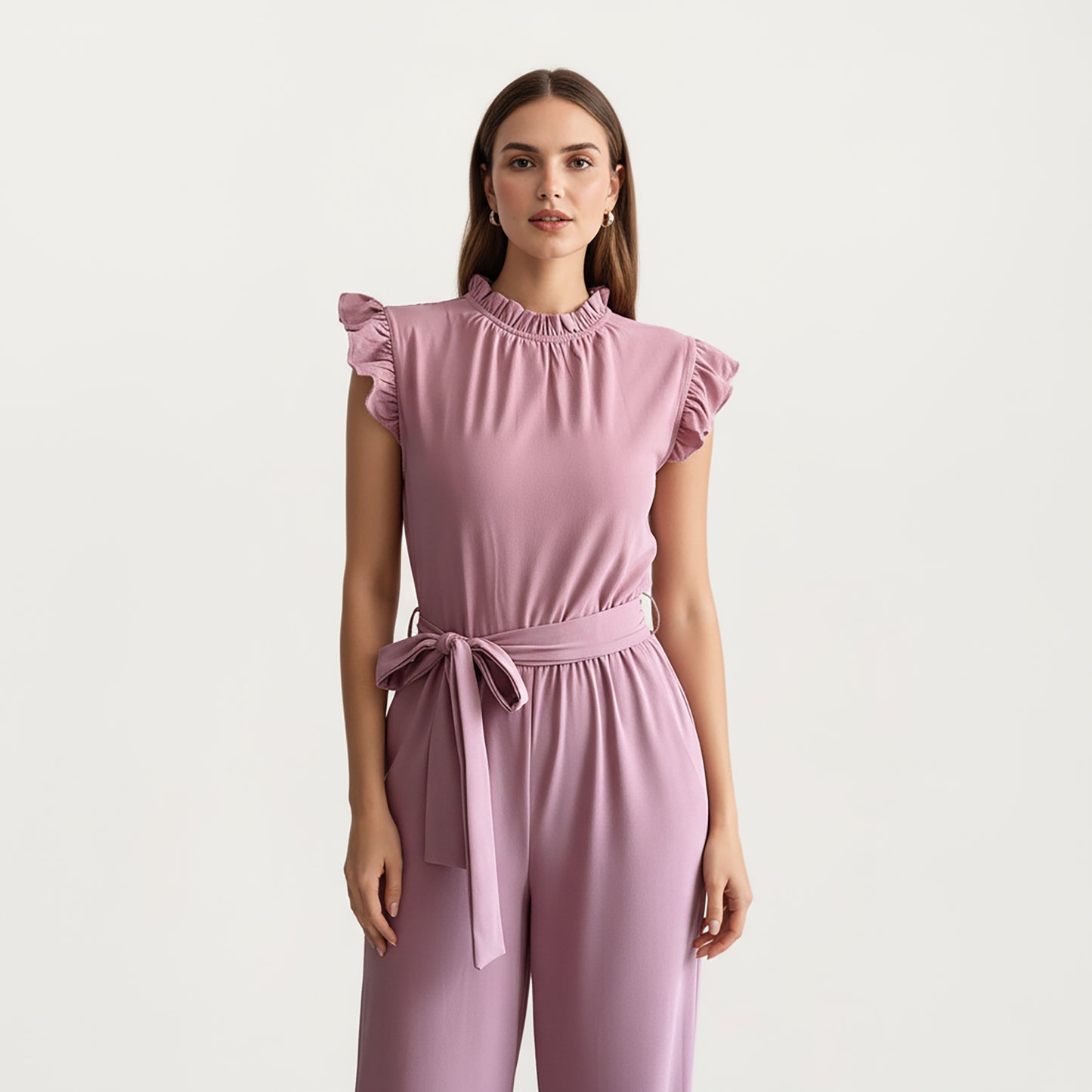 Ruffle Neck Sleeveless Wide Leg Jumpsuit with Soft Draped Waist Tie and Relaxed Flowing Silhouette