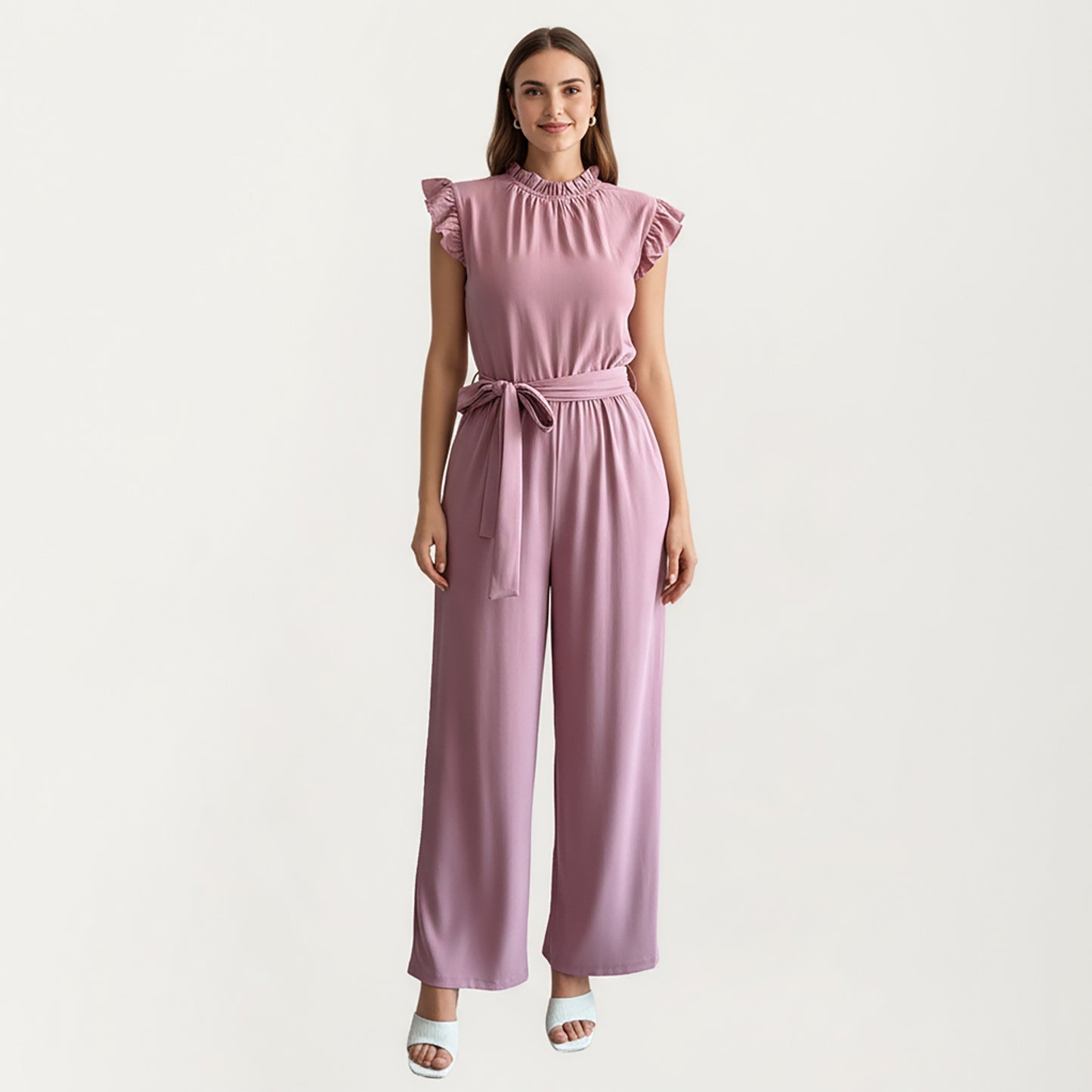 Ruffle Neck Sleeveless Wide Leg Jumpsuit with Soft Draped Waist Tie and Relaxed Flowing Silhouette