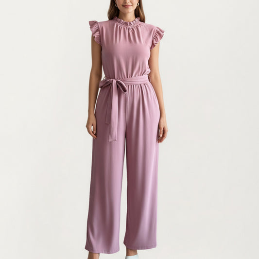 Ruffle Neck Sleeveless Wide Leg Jumpsuit with Soft Draped Waist Tie and Relaxed Flowing Silhouette