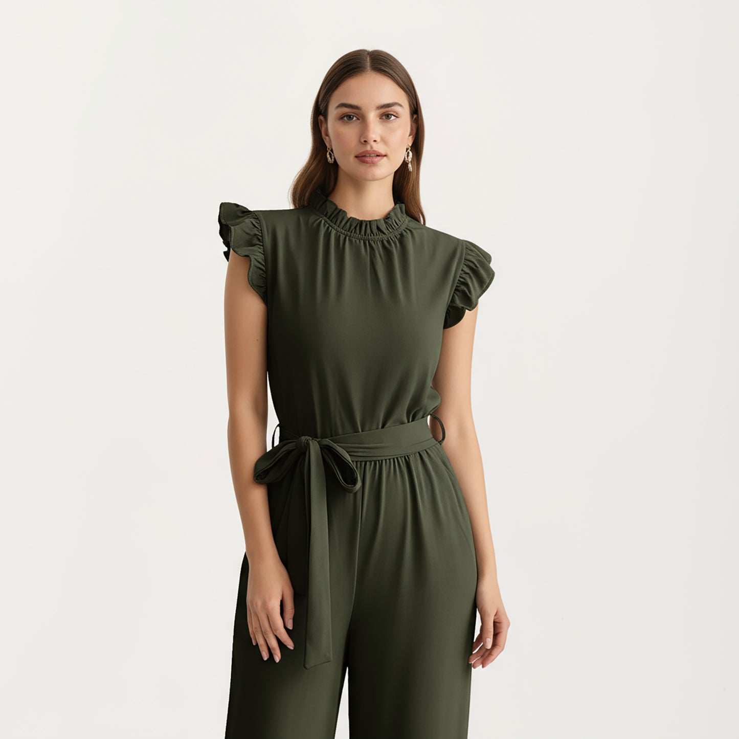 Ruffle Neck Sleeveless Wide Leg Jumpsuit with Soft Draped Waist Tie and Relaxed Flowing Silhouette