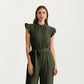 Ruffle Neck Sleeveless Wide Leg Jumpsuit with Soft Draped Waist Tie and Relaxed Flowing Silhouette