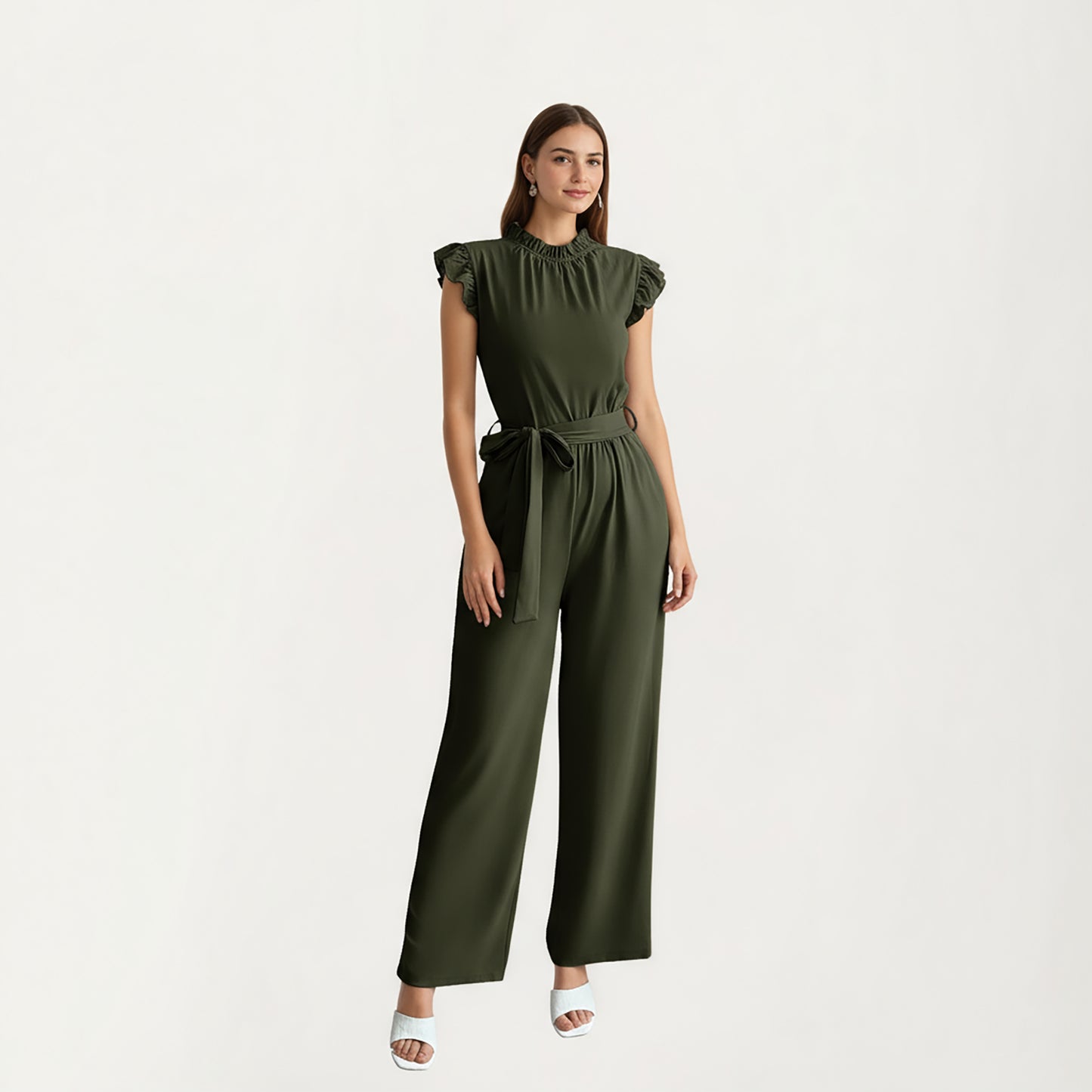 Ruffle Neck Sleeveless Wide Leg Jumpsuit with Soft Draped Waist Tie and Relaxed Flowing Silhouette