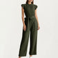 Ruffle Neck Sleeveless Wide Leg Jumpsuit with Soft Draped Waist Tie and Relaxed Flowing Silhouette