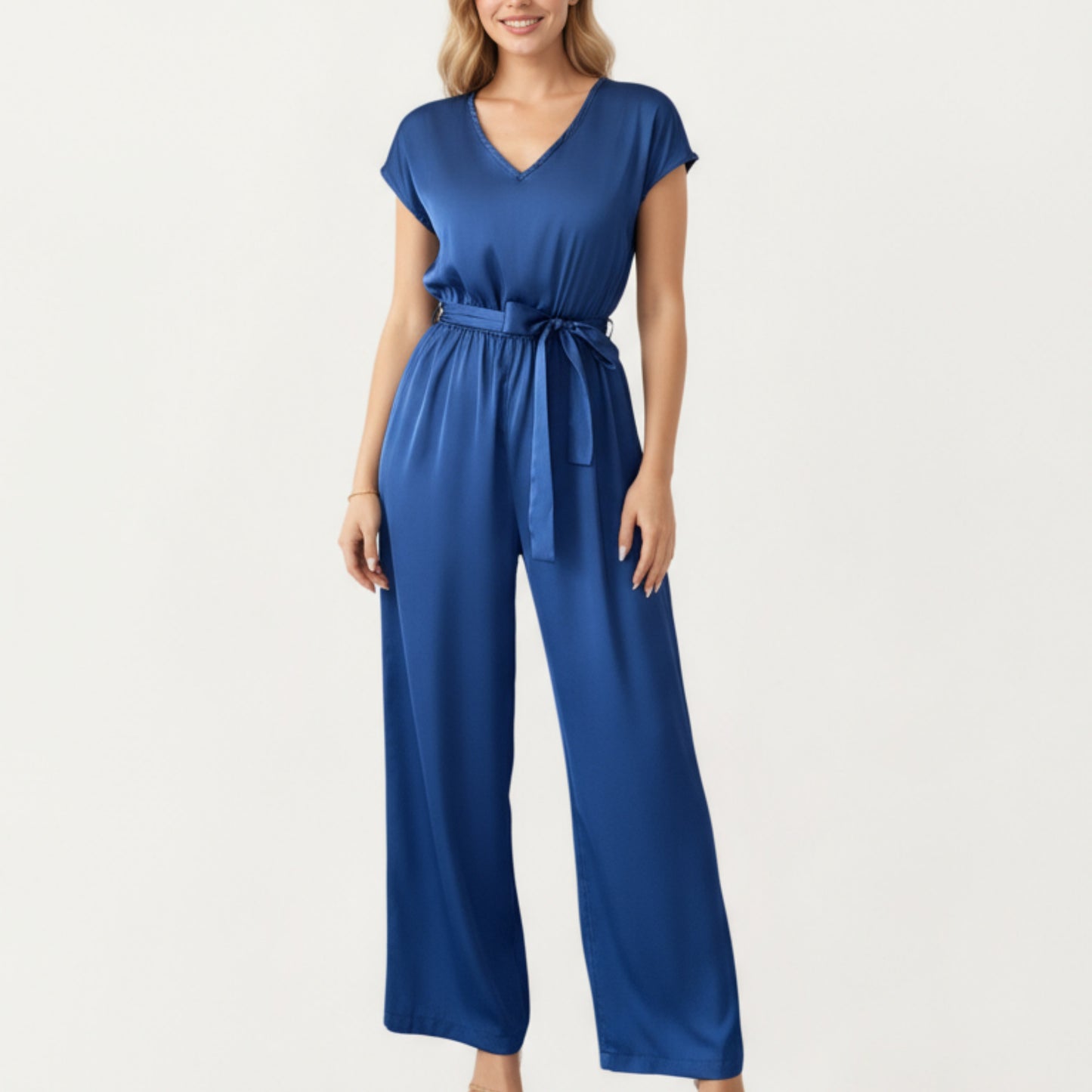 V-Neck Short Sleeve Wide Leg Jumpsuit with Soft Draped Fabric and Adjustable Waist Tie Belt
