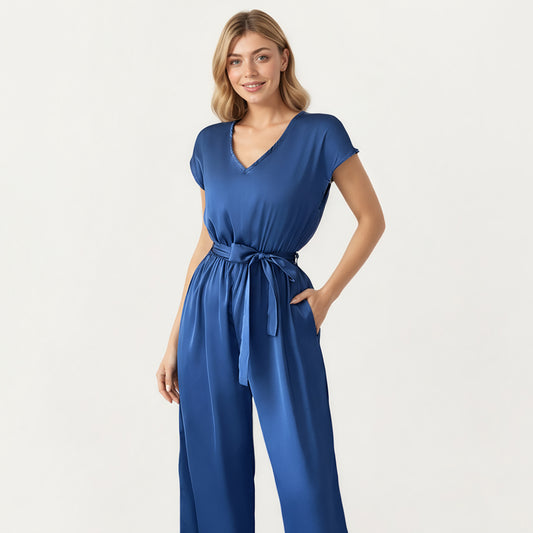 V-Neck Short Sleeve Wide Leg Jumpsuit with Soft Draped Fabric and Adjustable Waist Tie Belt