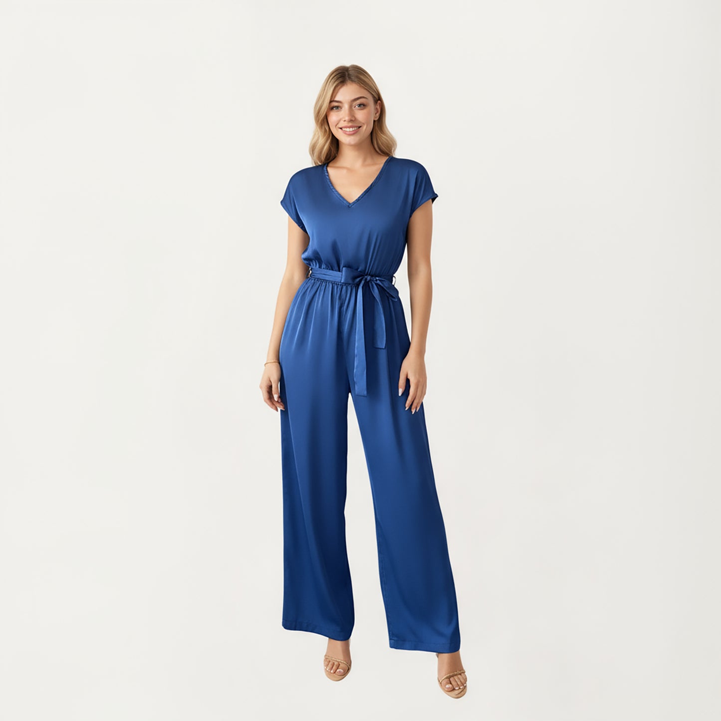 V-Neck Short Sleeve Wide Leg Jumpsuit with Soft Draped Fabric and Adjustable Waist Tie Belt