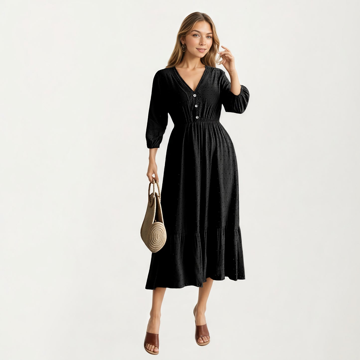 V-Neck Button Front Midi Dress with Textured Swiss Dot Fabric and Soft Gathered Waist Design