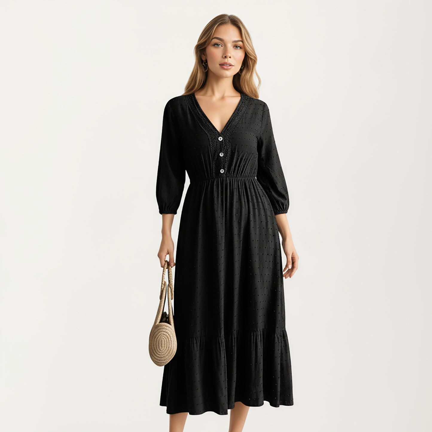 V-Neck Button Front Midi Dress with Textured Swiss Dot Fabric and Soft Gathered Waist Design