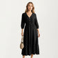V-Neck Button Front Midi Dress with Textured Swiss Dot Fabric and Soft Gathered Waist Design
