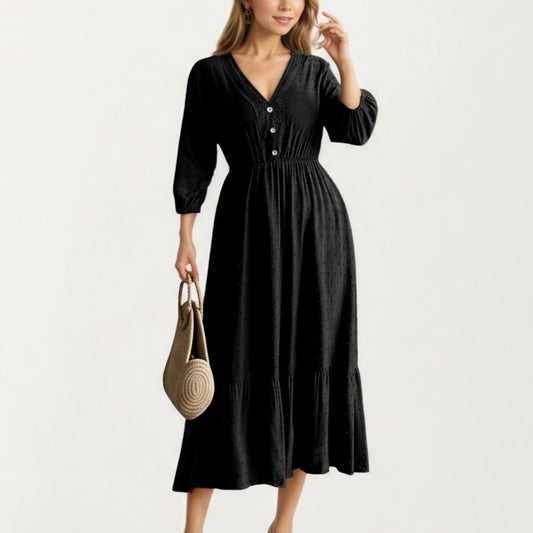 V-Neck Button Front Midi Dress with Textured Swiss Dot Fabric and Soft Gathered Waist Design