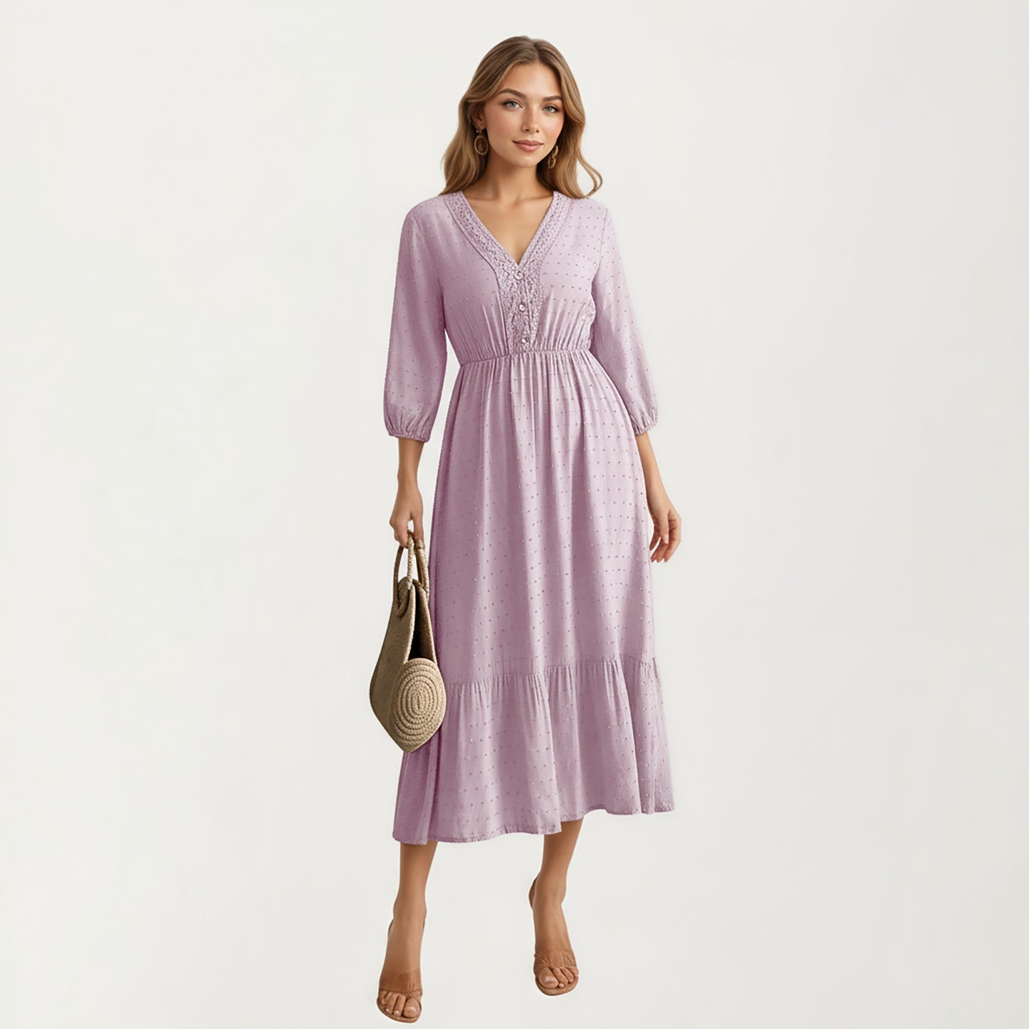 V-Neck Button Front Midi Dress with Textured Swiss Dot Fabric and Soft Gathered Waist Design