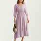 V-Neck Button Front Midi Dress with Textured Swiss Dot Fabric and Soft Gathered Waist Design