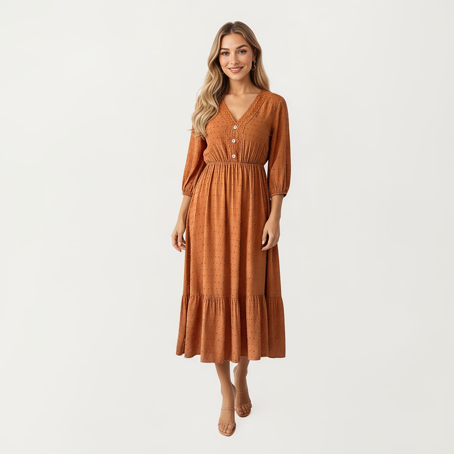 V-Neck Button Front Midi Dress with Textured Swiss Dot Fabric and Soft Gathered Waist Design