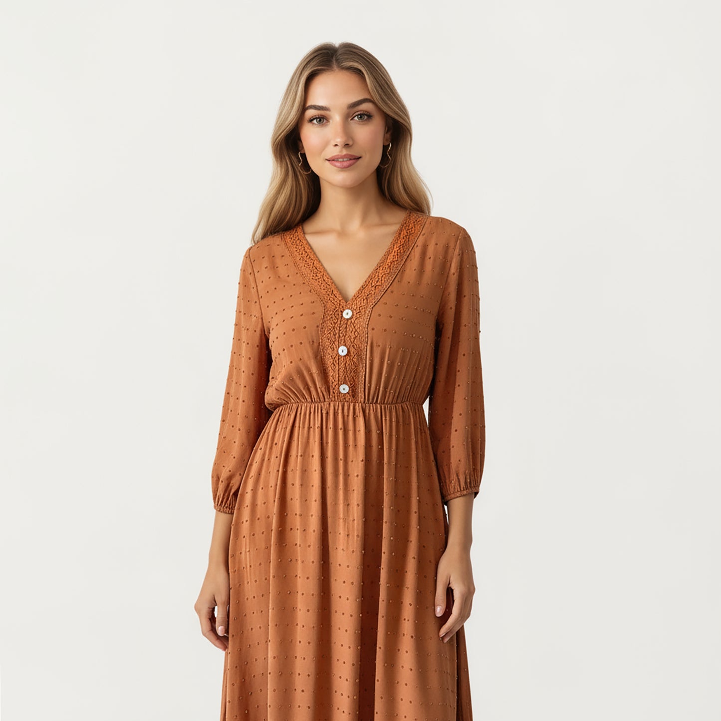 V-Neck Button Front Midi Dress with Textured Swiss Dot Fabric and Soft Gathered Waist Design