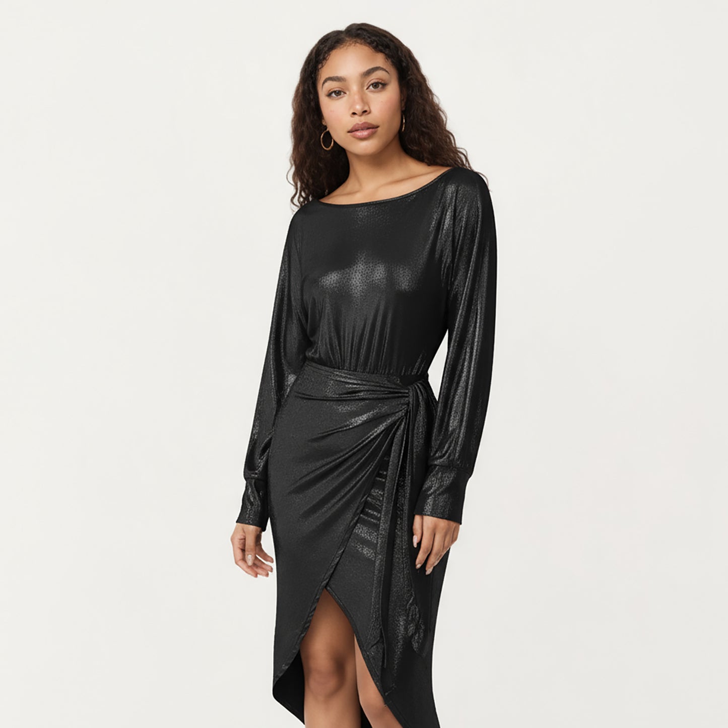 Long Sleeve Metallic Sheen Midi Dress with Draped Front Overlay and Soft Self Tie Waist for Flattering Silhouette