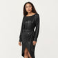 Long Sleeve Metallic Sheen Midi Dress with Draped Front Overlay and Soft Self Tie Waist for Flattering Silhouette