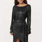Long Sleeve Metallic Sheen Midi Dress with Draped Front Overlay and Soft Self Tie Waist for Flattering Silhouette