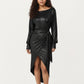 Long Sleeve Metallic Sheen Midi Dress with Draped Front Overlay and Soft Self Tie Waist for Flattering Silhouette