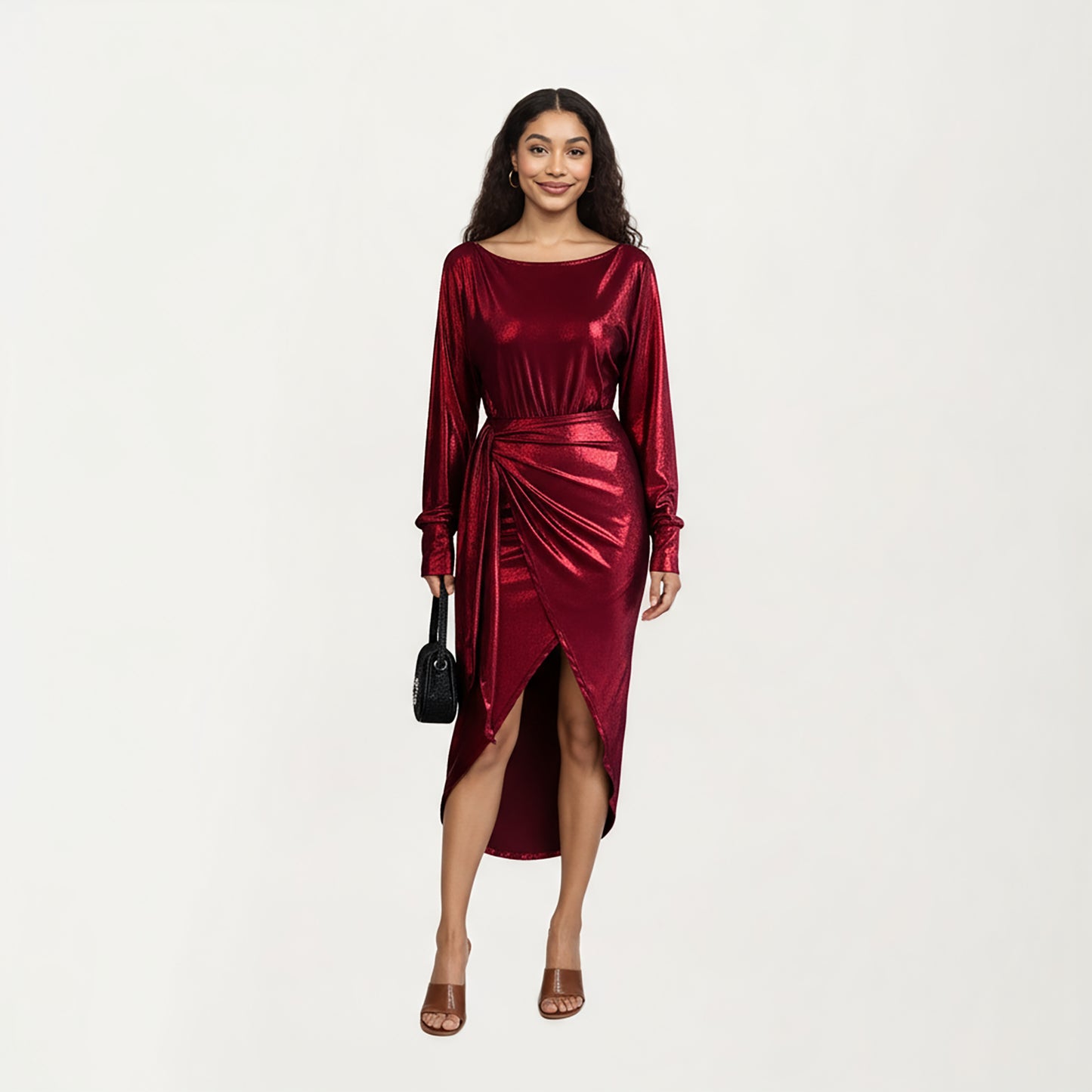 Long Sleeve Metallic Sheen Midi Dress with Draped Front Overlay and Soft Self Tie Waist for Flattering Silhouette