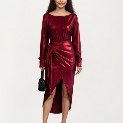 Long Sleeve Metallic Sheen Midi Dress with Draped Front Overlay and Soft Self Tie Waist for Flattering Silhouette