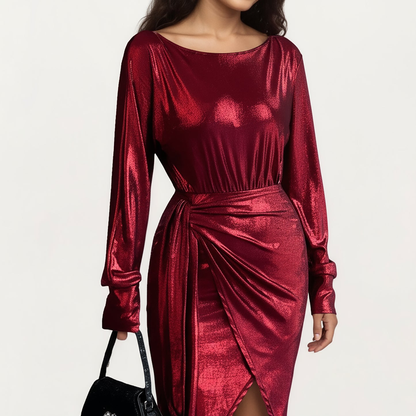 Long Sleeve Metallic Sheen Midi Dress with Draped Front Overlay and Soft Self Tie Waist for Flattering Silhouette