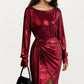Long Sleeve Metallic Sheen Midi Dress with Draped Front Overlay and Soft Self Tie Waist for Flattering Silhouette