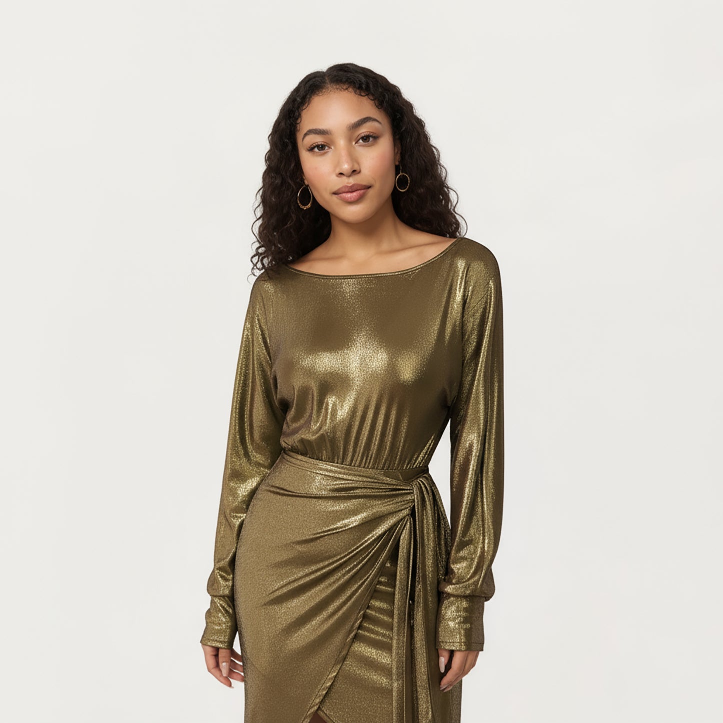 Long Sleeve Metallic Sheen Midi Dress with Draped Front Overlay and Soft Self Tie Waist for Flattering Silhouette