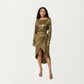 Long Sleeve Metallic Sheen Midi Dress with Draped Front Overlay and Soft Self Tie Waist for Flattering Silhouette
