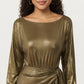 Long Sleeve Metallic Sheen Midi Dress with Draped Front Overlay and Soft Self Tie Waist for Flattering Silhouette