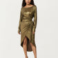 Long Sleeve Metallic Sheen Midi Dress with Draped Front Overlay and Soft Self Tie Waist for Flattering Silhouette