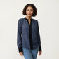 Long Sleeve Printed Blouse with Contrast Trim Placket, Structured Cuffs, and Soft Draped Fabric for a Refined Silhouette