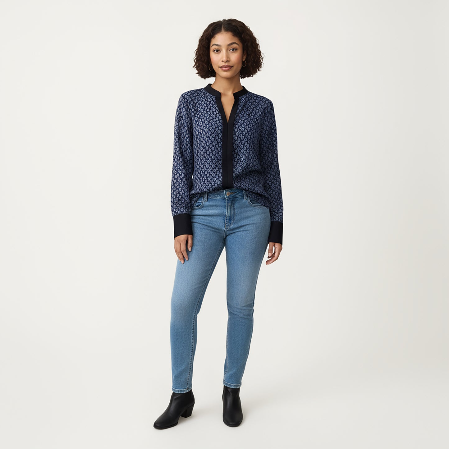 Long Sleeve Printed Blouse with Contrast Trim Placket, Structured Cuffs, and Soft Draped Fabric for a Refined Silhouette