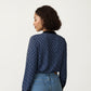Long Sleeve Printed Blouse with Contrast Trim Placket, Structured Cuffs, and Soft Draped Fabric for a Refined Silhouette